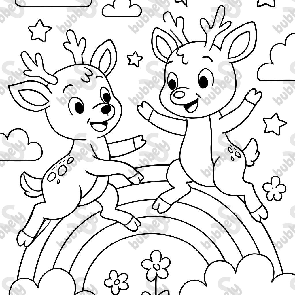 Deux cerfs jouent ensemble sur un arc-en-ciel. Deux cerfs jouent ensemble sur un arc-en-ciel.