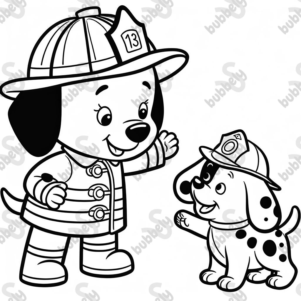 A firefighter Dalmatian playing with a police officer puppy