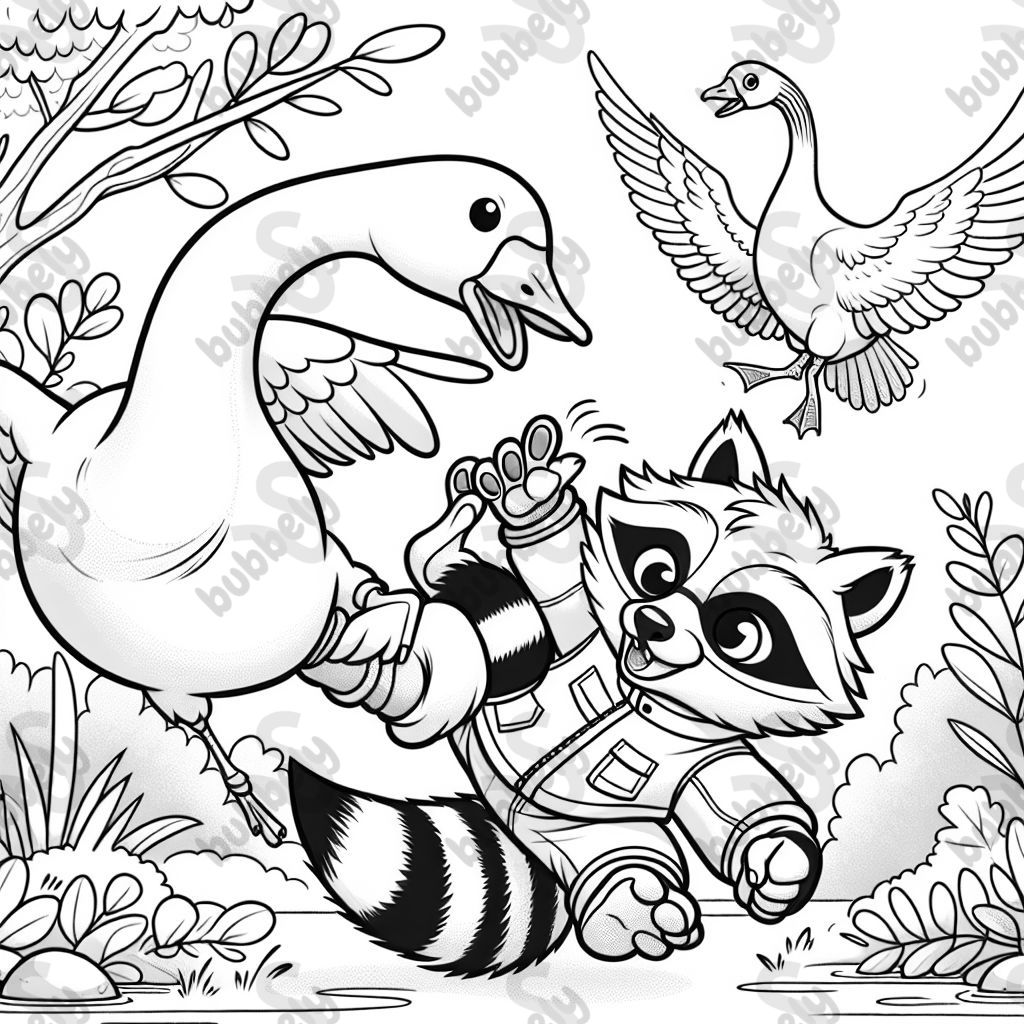 Waschbär der gegen eine Gans kämpft