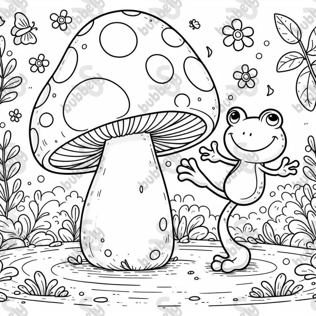 a frog dancing with a mushroom