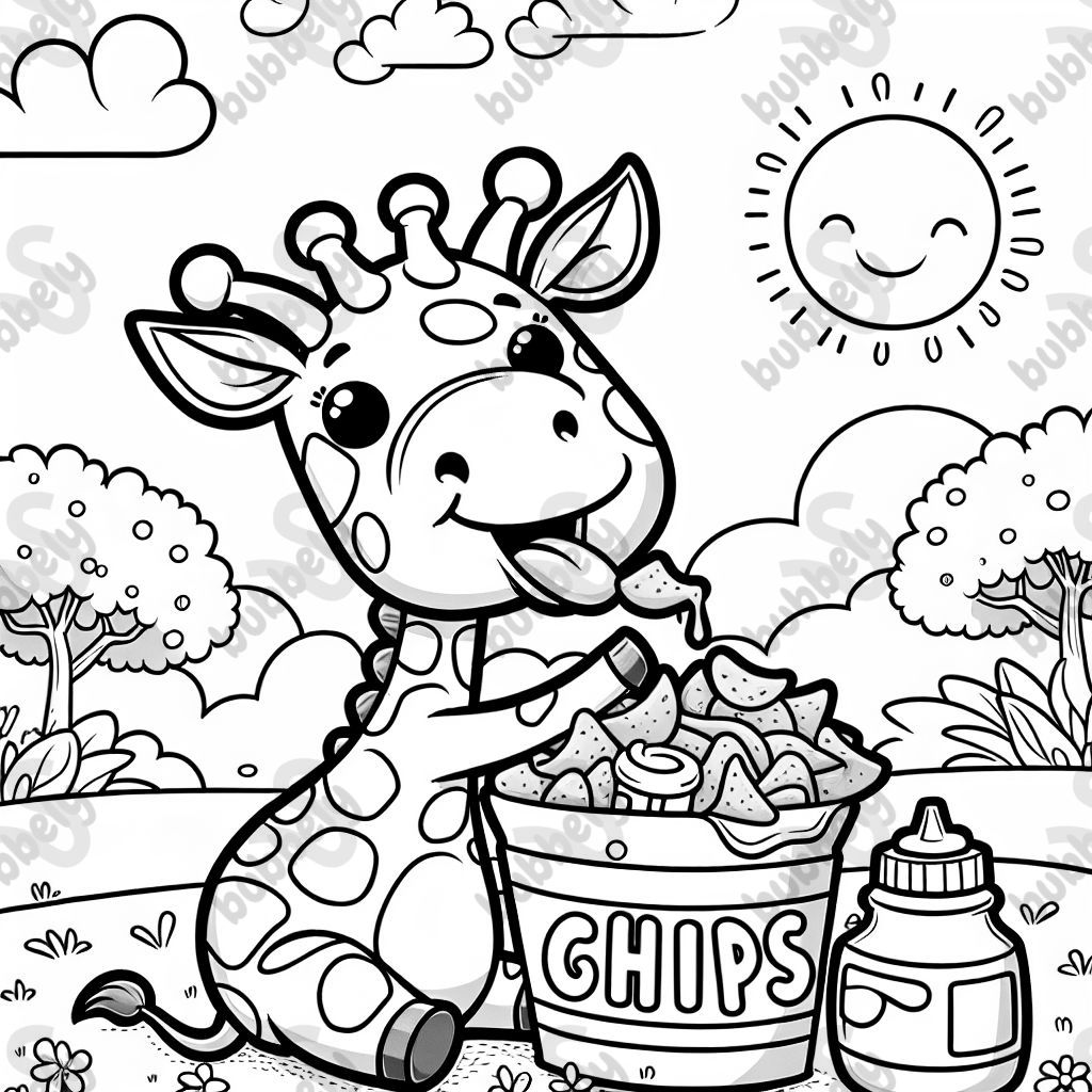 Une girafe mangeant des chips avec de la mayo.