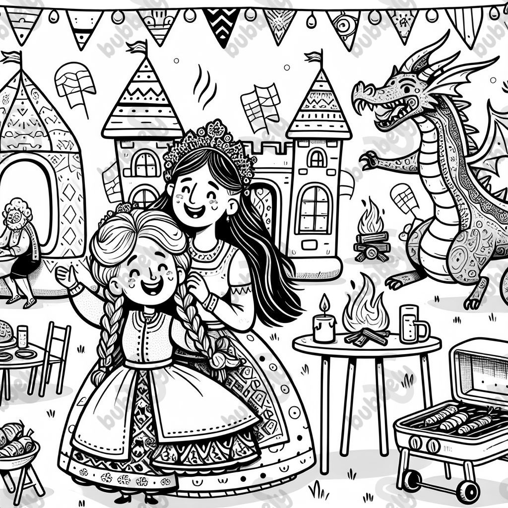 A European girl with long hair and her grandma are celebrating a party with a bouncing castle, a fire-breathing dragon, and barbecuing.