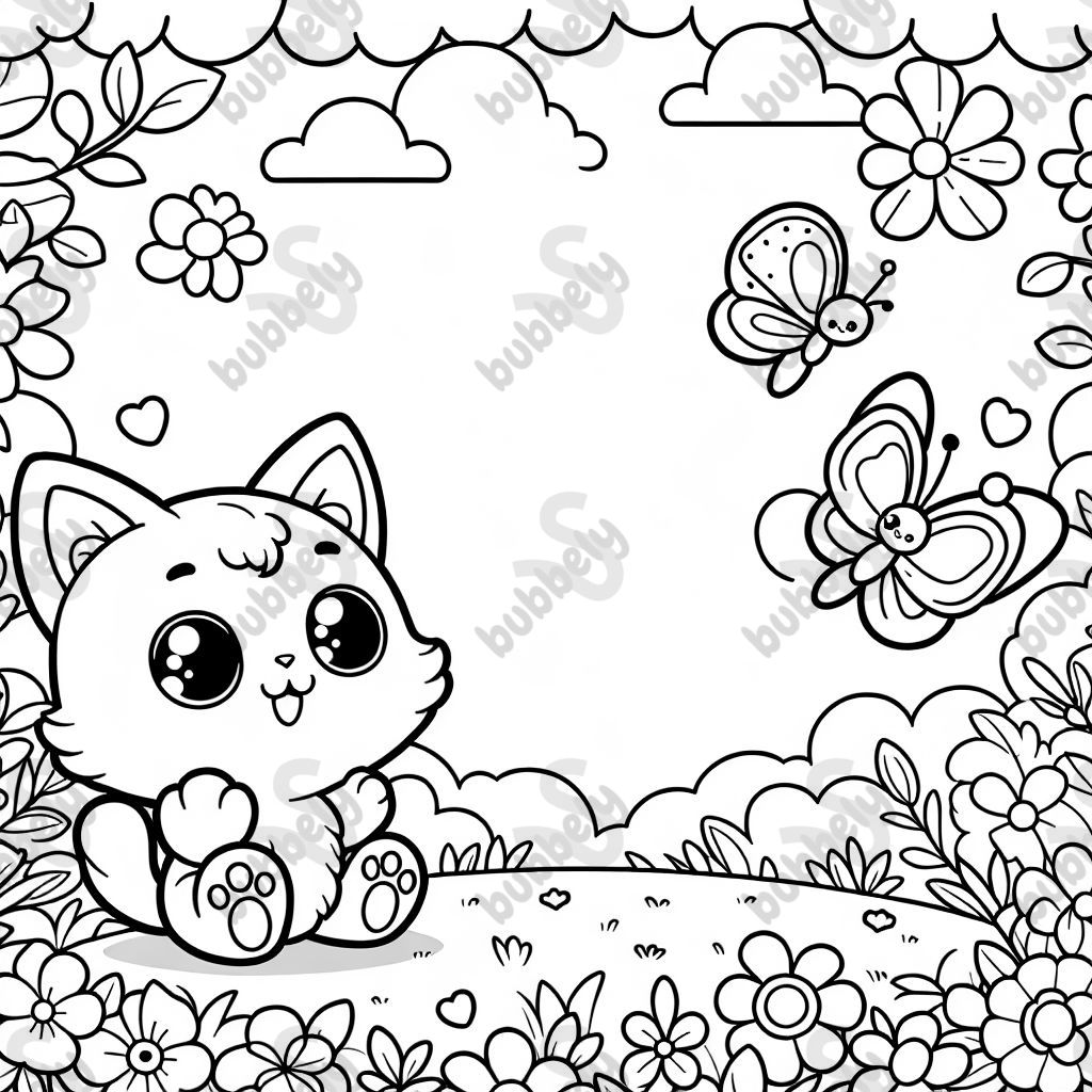 Kitten in a garden with butterflies