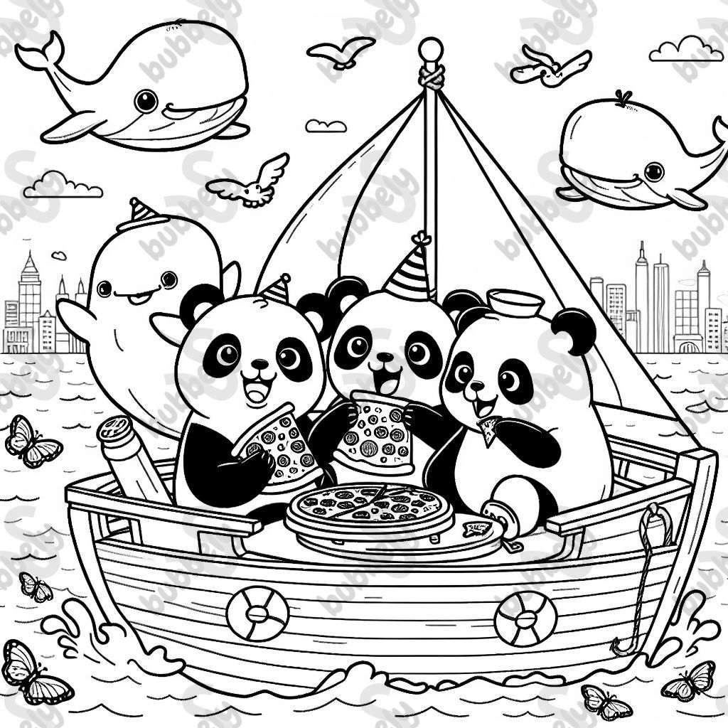 Pandas eating pizza on a boat surrounded by whales.