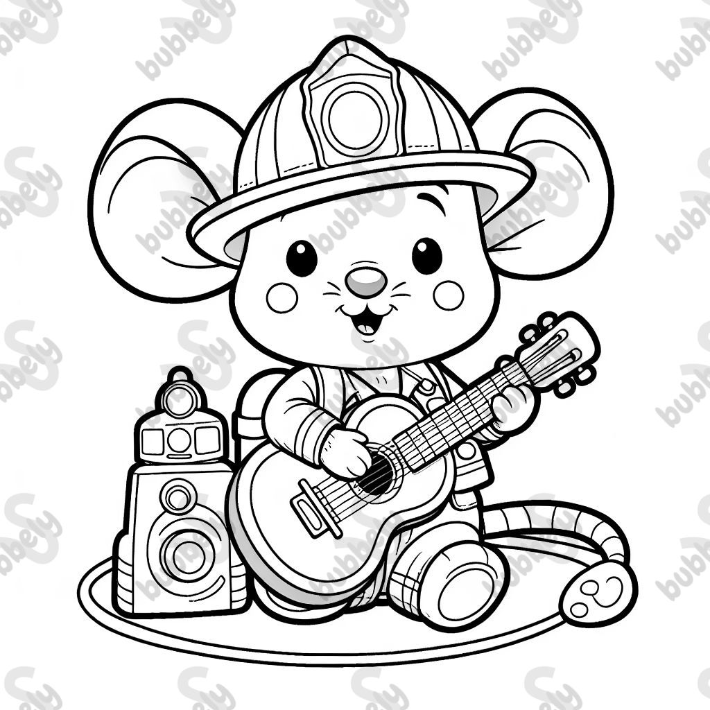 eine Maus mit Feuerwehrspielzeug und Gitarre in der Hand