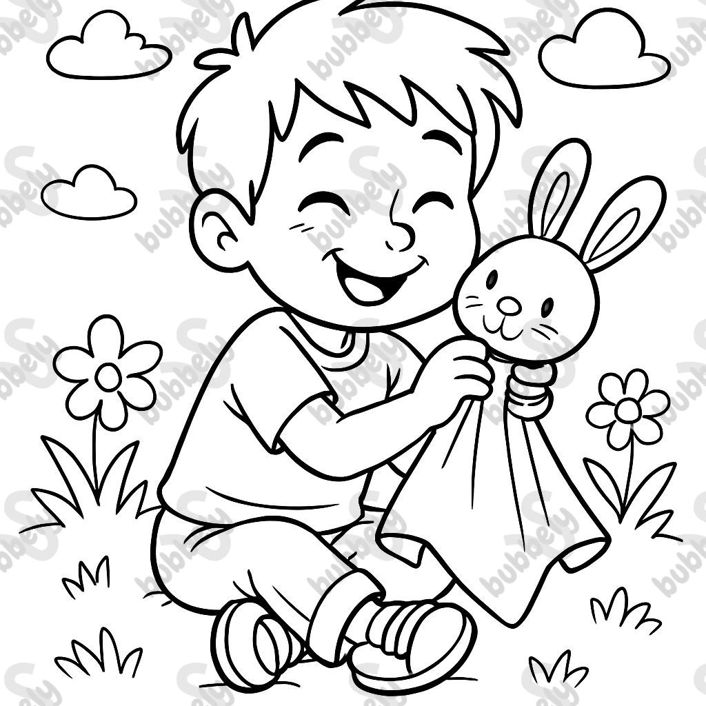 6 year old boy snuggles with bunny comforter