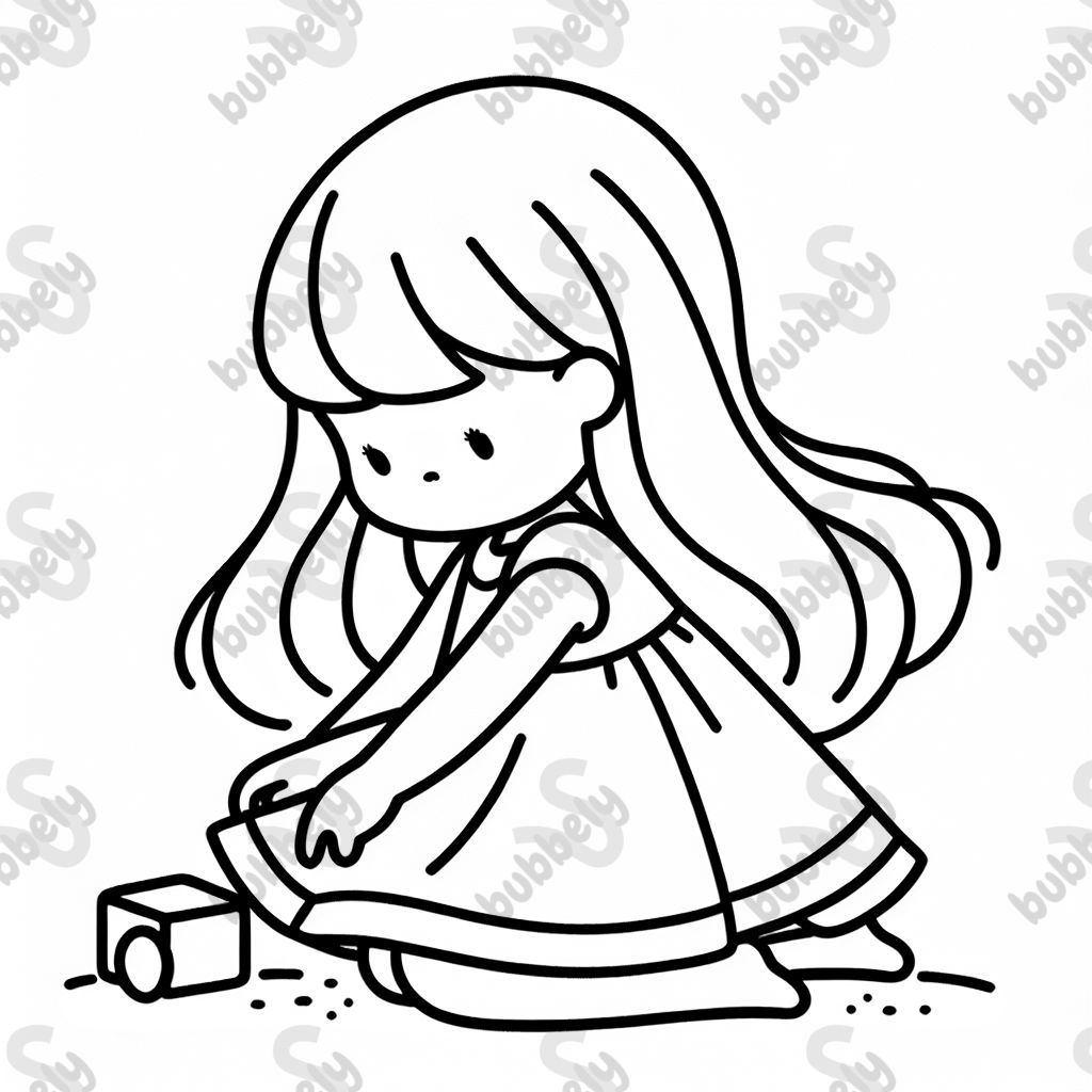 Little girl with long hair and a dress playing.