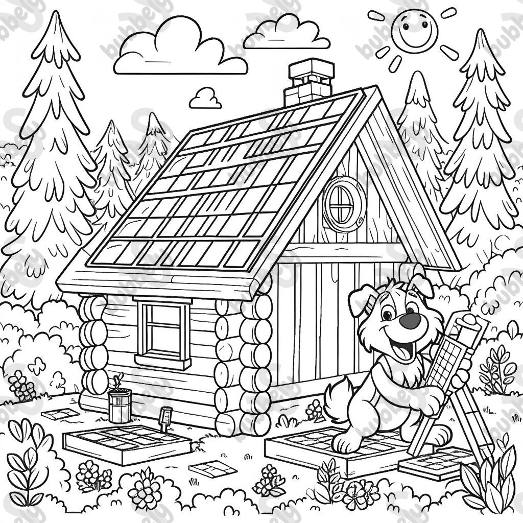 a dog building a photovoltaic system on a cabin in the woods