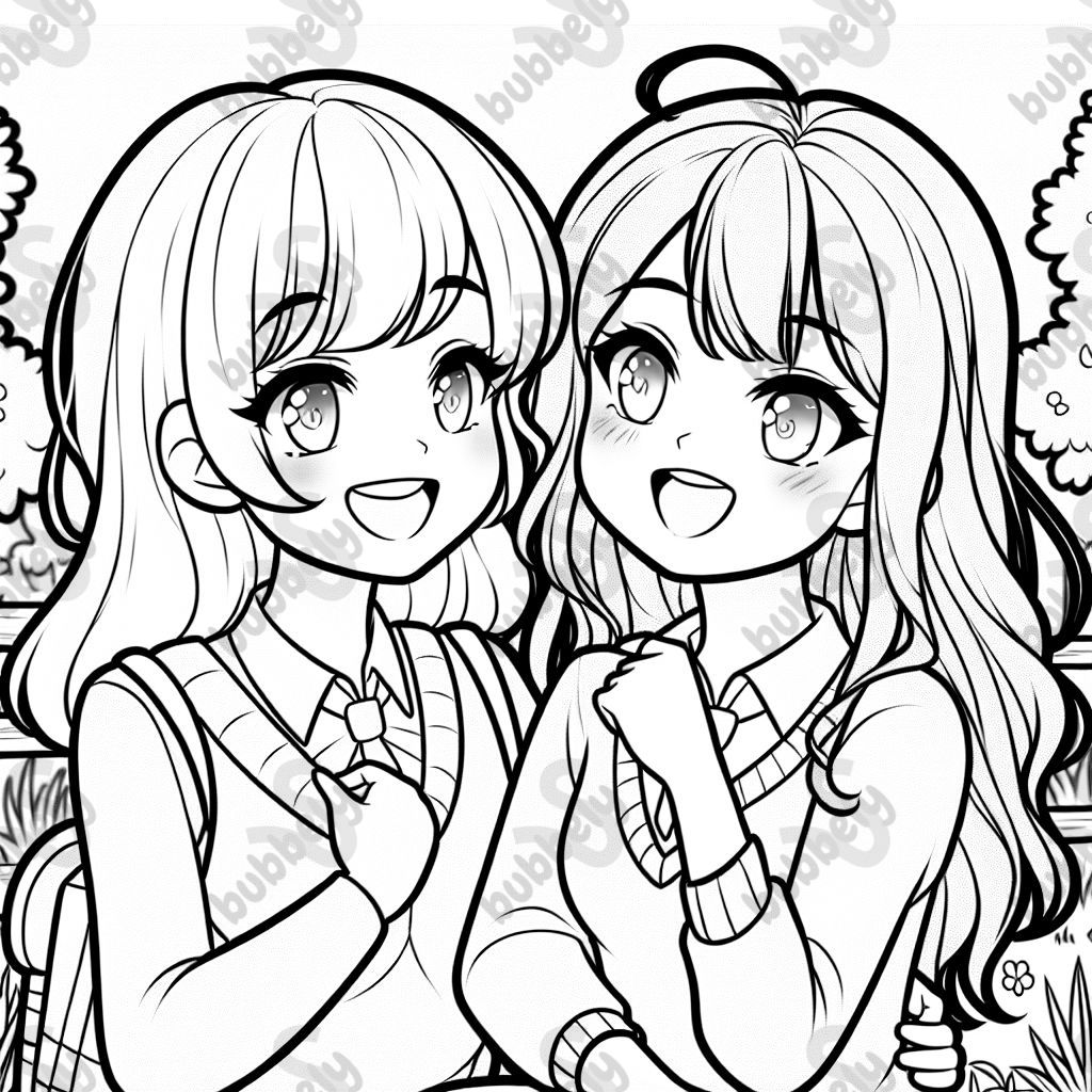 A girl: shoulder-length hair, a girl with chest-length hair and bangs, best friends