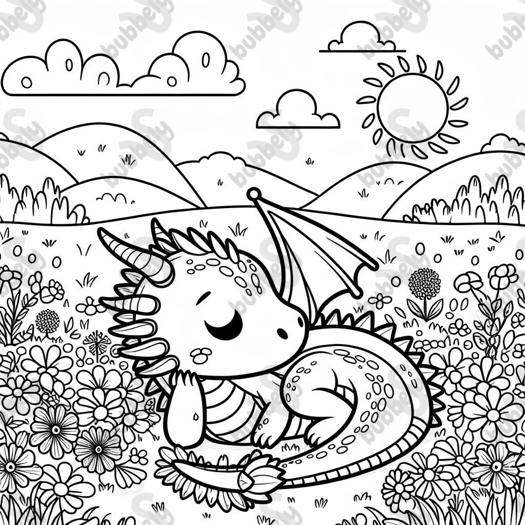 dragon mignon dans des champs de fleurs