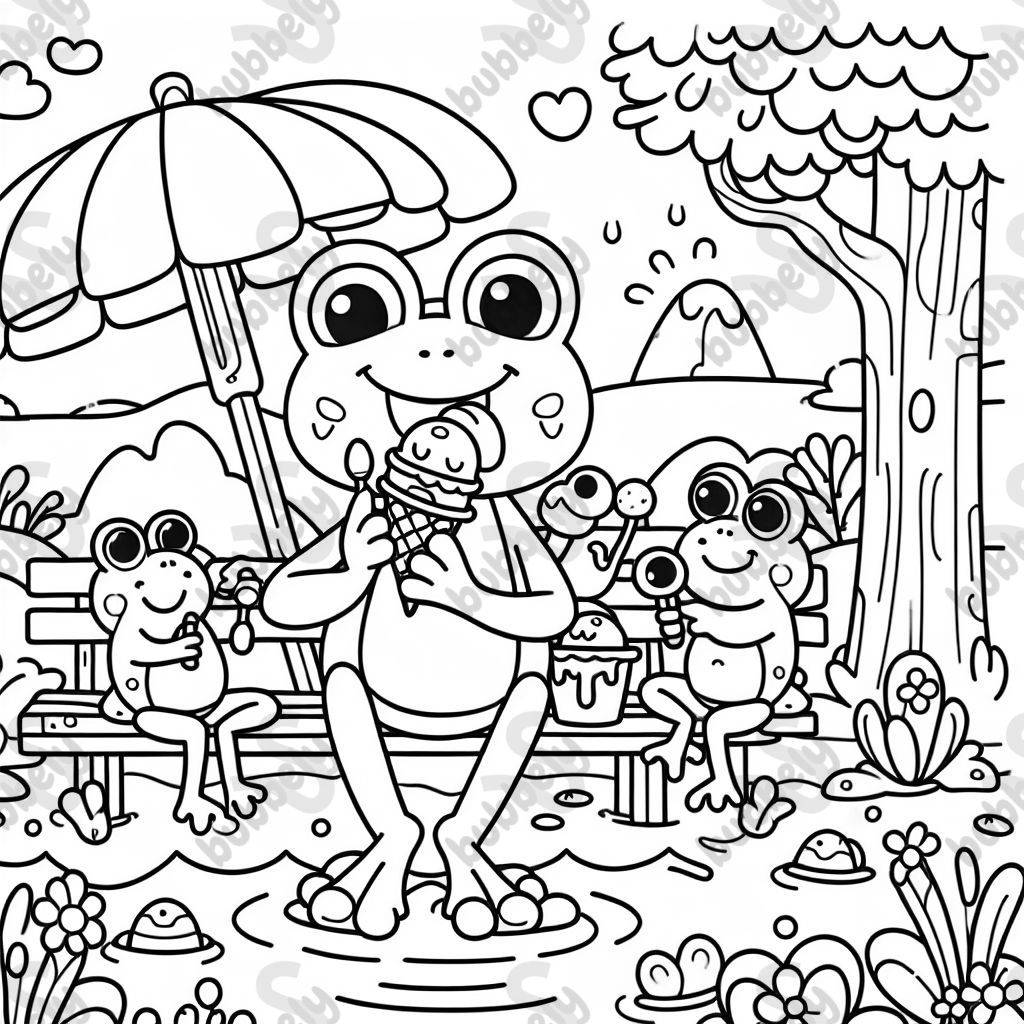 A frog eating ice cream with his frog friends