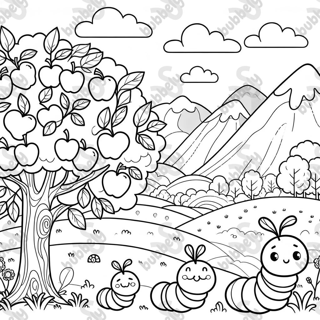 Kleine raupenfamilie in einer berglandscchaft mit einem apfelbaum