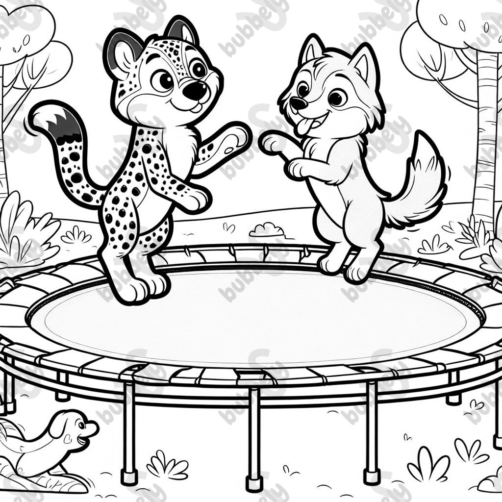 A cute cheetah jumping on a trampoline with a cute wolf. A cute cheetah jumping on a trampoline with a cute wolf.