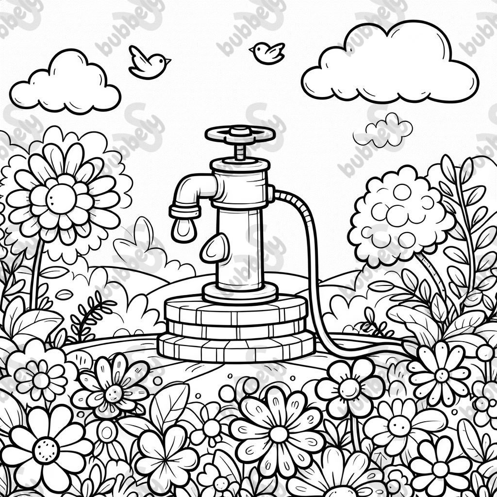 A water pump surrounded by flowers