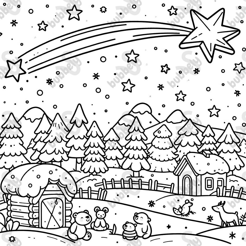 A beautiful winter landscape featuring a shooting star and various animals enjoying the cold season. A beautiful winter landscape featuring a shooting star and various animals enjoying the cold season.