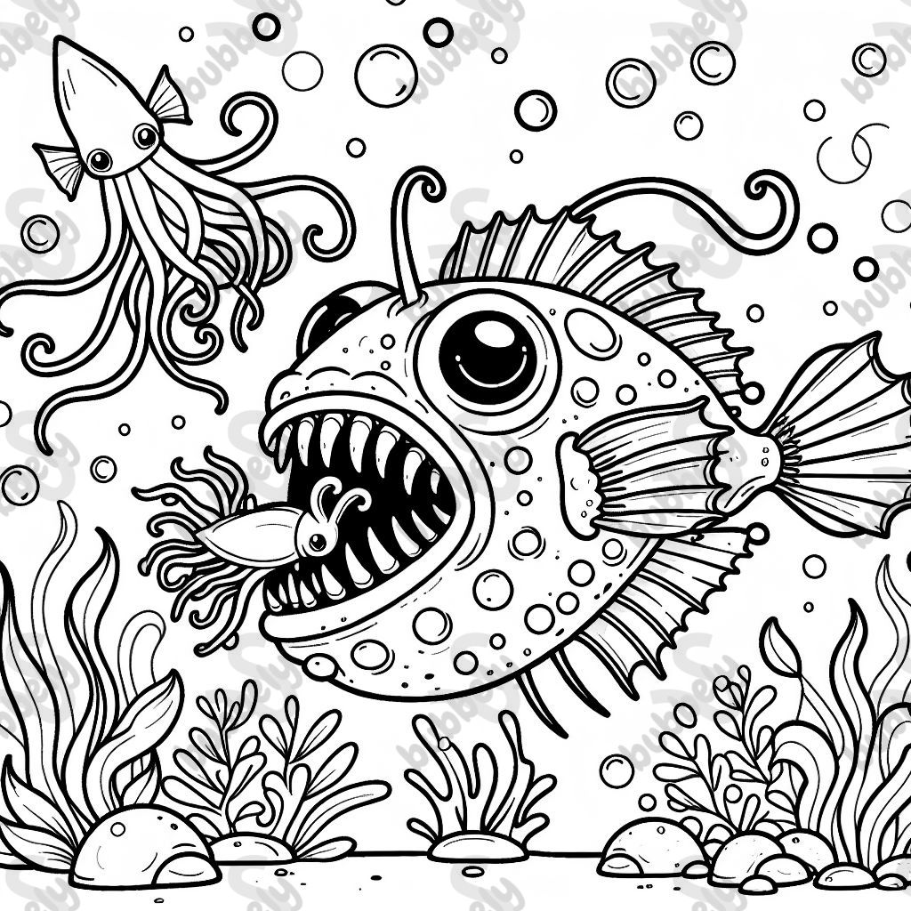A deep-sea anglerfish with squids in its mouth