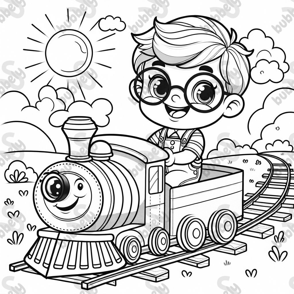 A little boy wearing glasses and riding a train engine