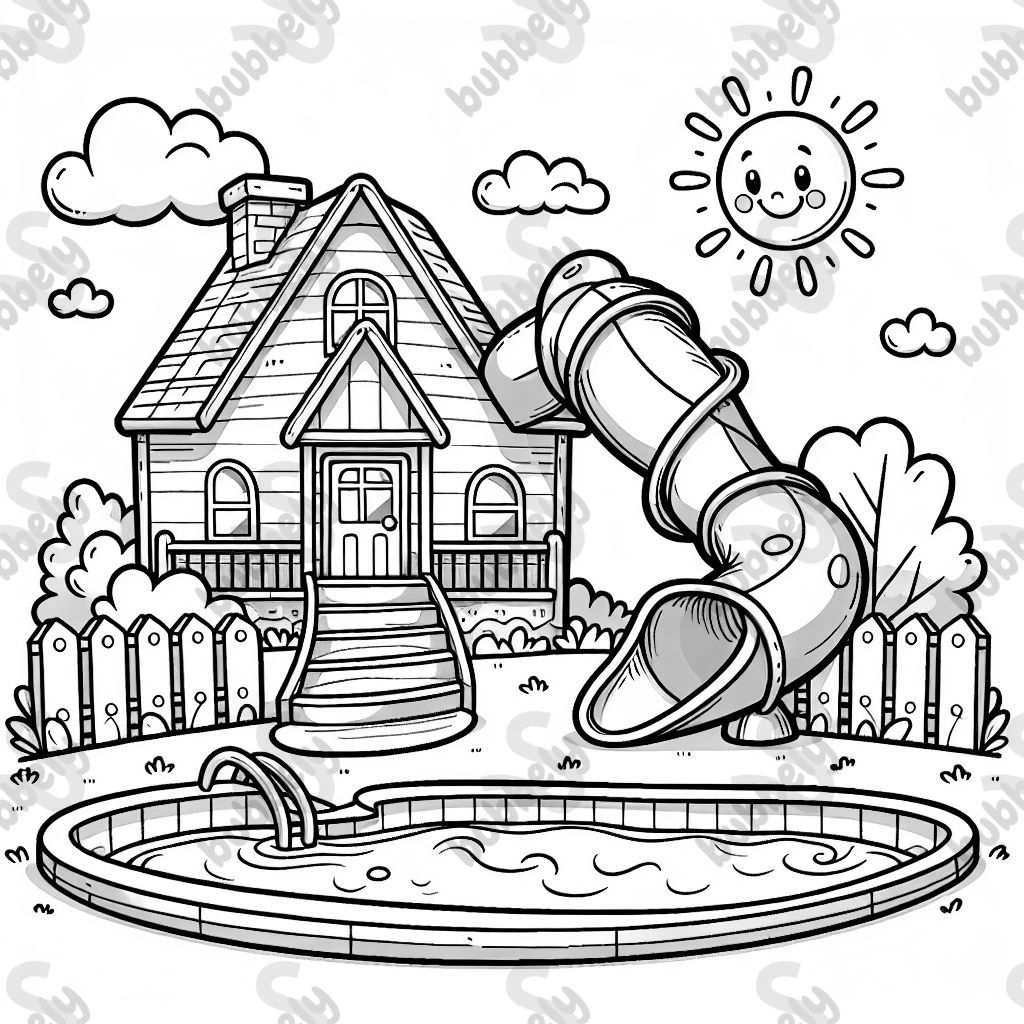 House with twisty slide leading to pool