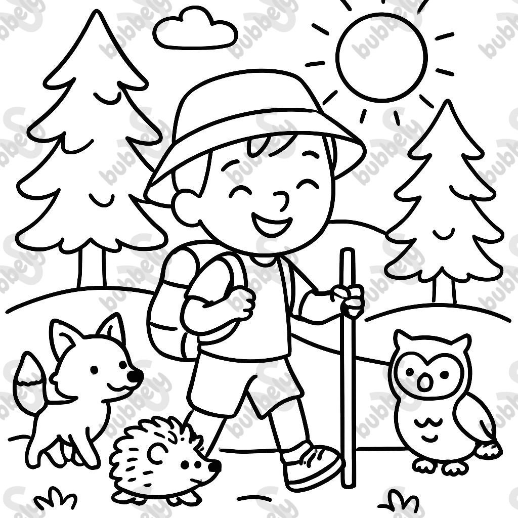 One happy camper hiking with his woodland friends.