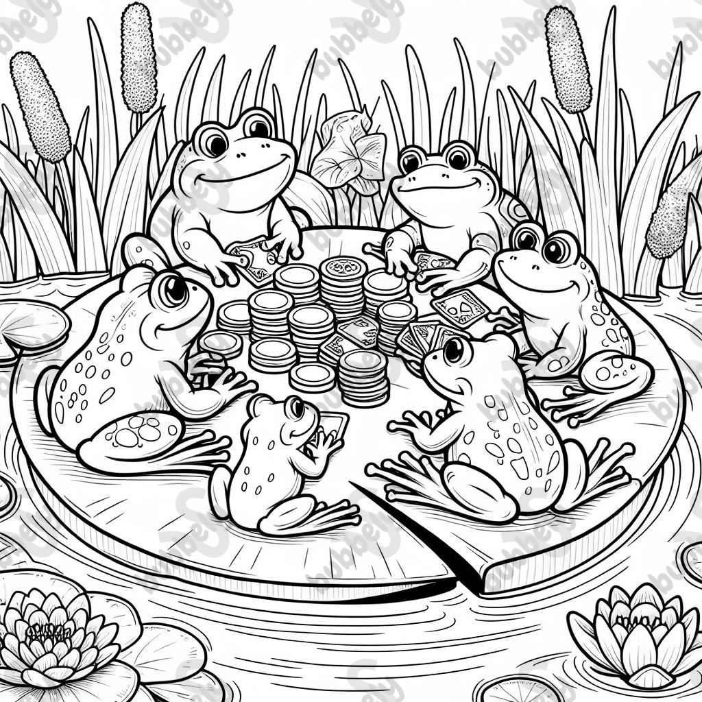 Frogs playing poker around a lilypad.