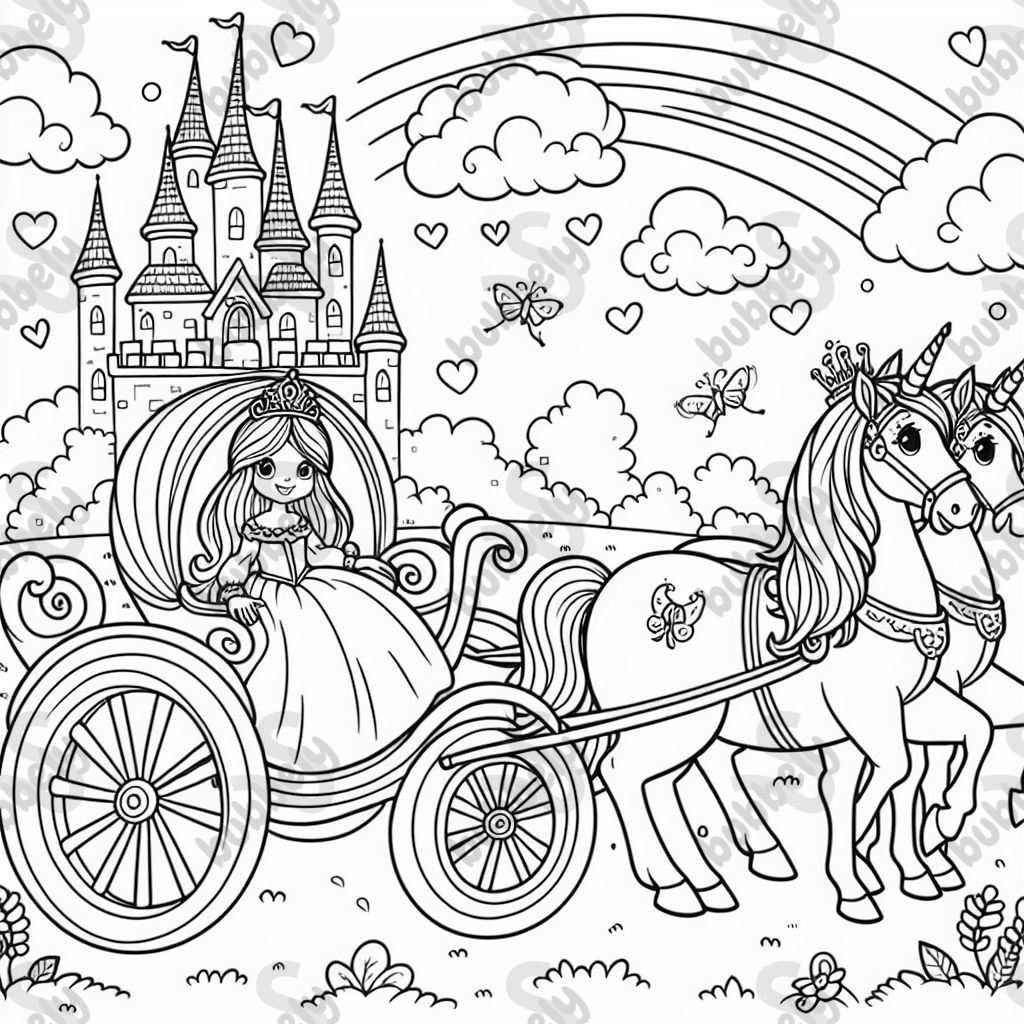 eine Kutsche mit zwei Pferden. Auf der Kutsche sitzt ein Prinzessin mit langen Haaren. Die Kutsche steht vor einem Märchenschloss.