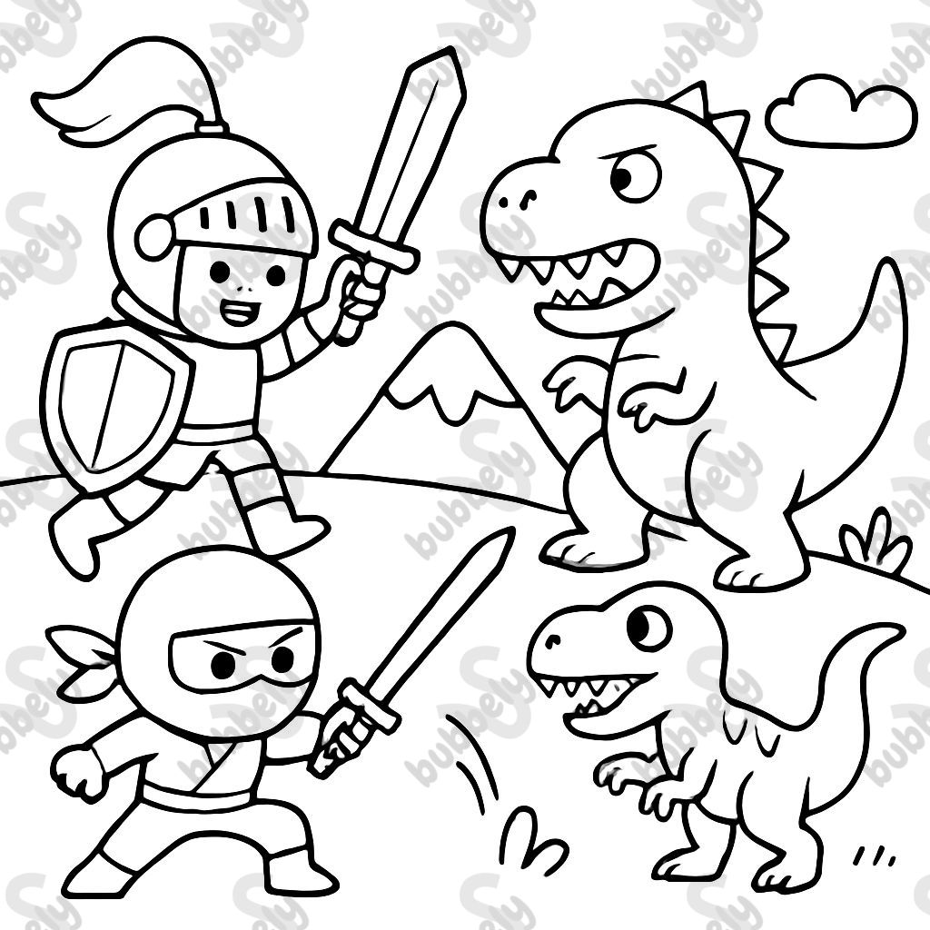 Knights and ninjas battling dinosaurs