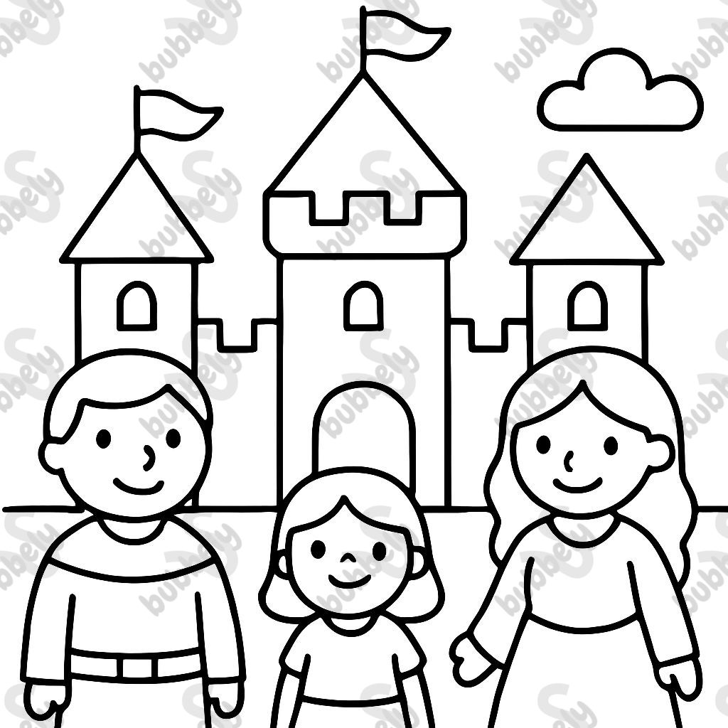 Castle with one small girl and two adults, a man and a woman.