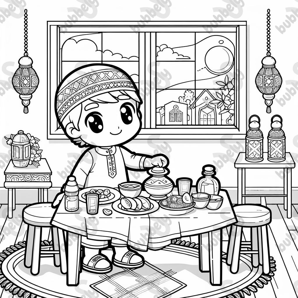 A young Muslim child setting the table for iftar.