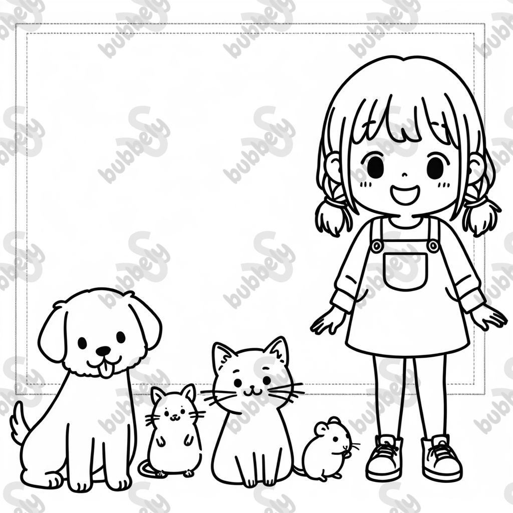 girl with a dog, cat, and hamster