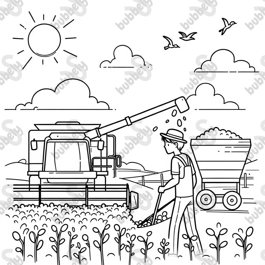 Farmer harvesting canola with a combine and grain cart. Birds flying overhead on a sunny day.