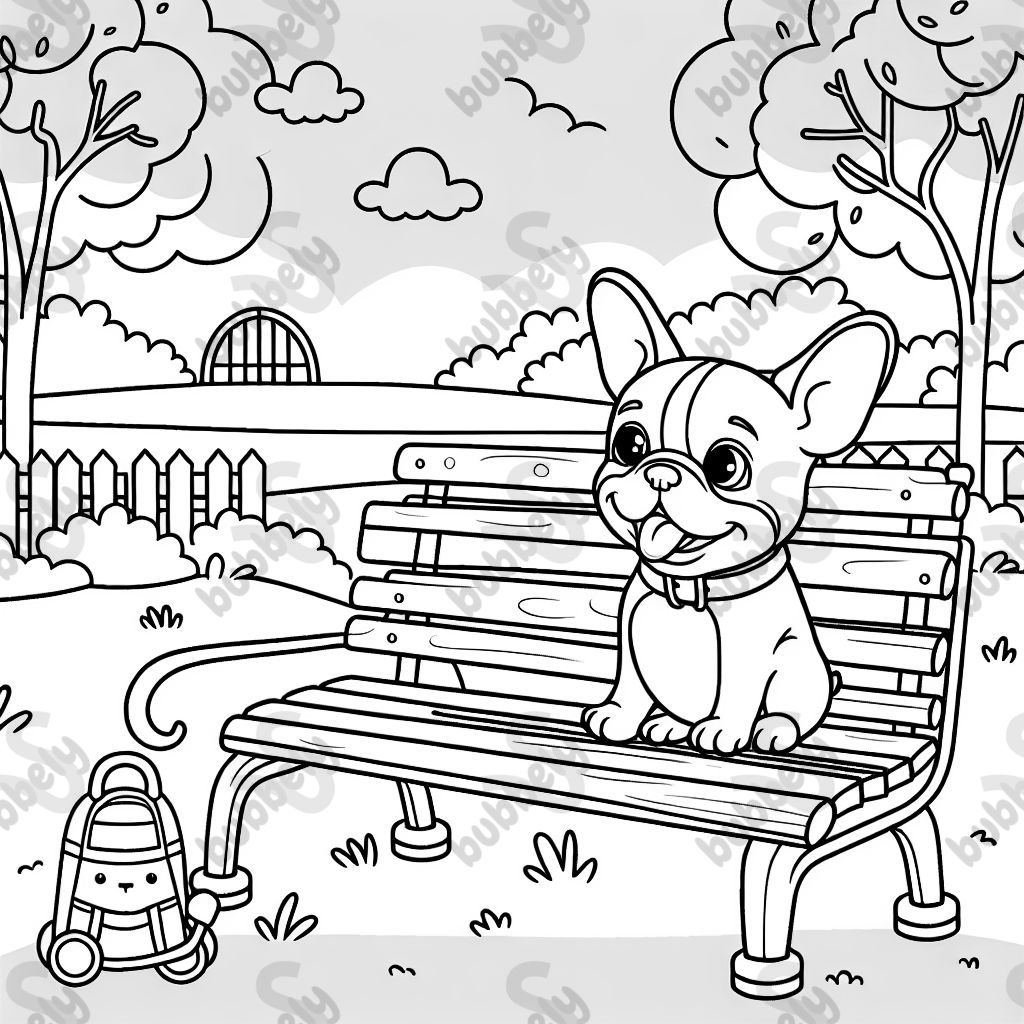 A frenchie sitting on a bench