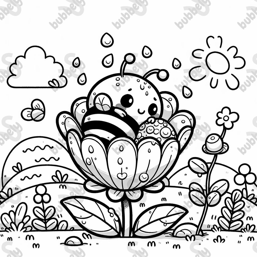 A baby bumblebee nestled in a dewy flower.