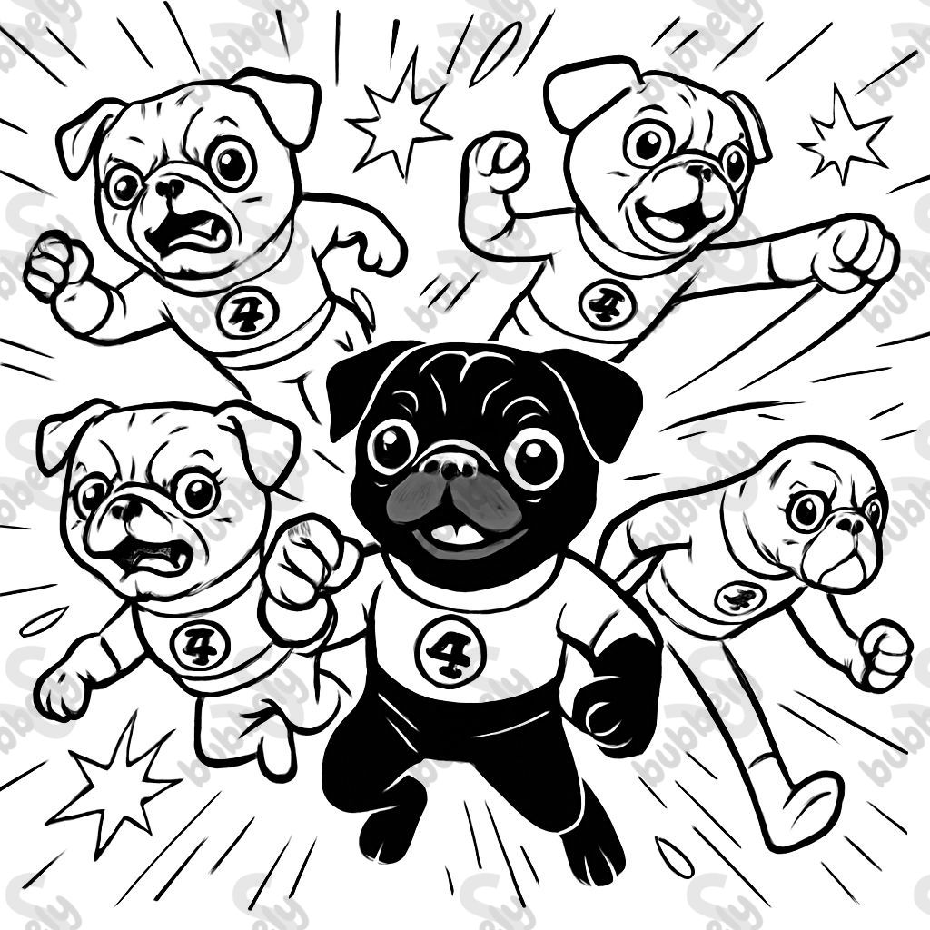 A black pug with 3 tan colored pugs, dressed as super heroes like Fantastic Four.