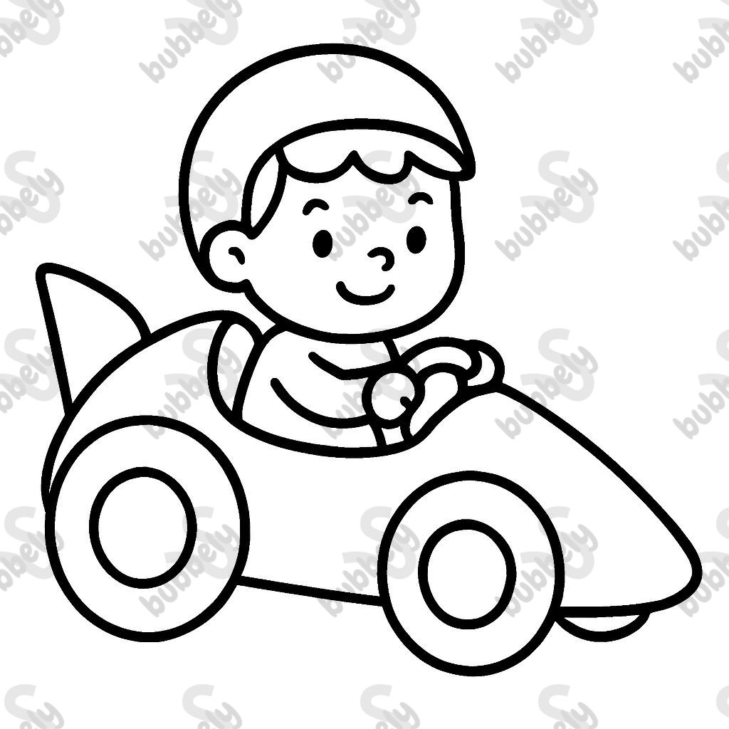 A little boy driving a race car
