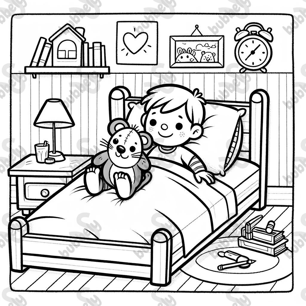 einen Jungen namens Pauli im Bett mit seinem Kuscheltier Maulwurf