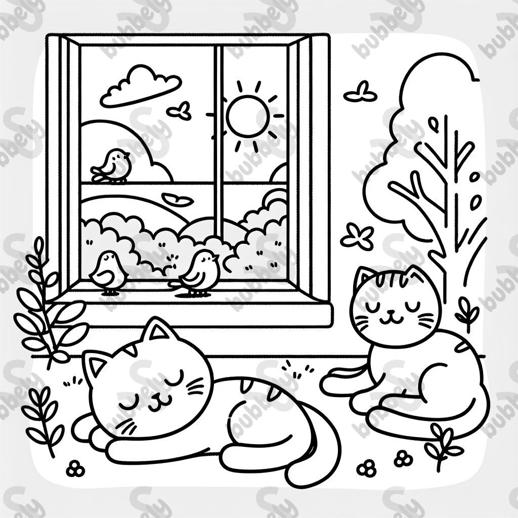Cats laying in the sun near a window with birds and trees outside.