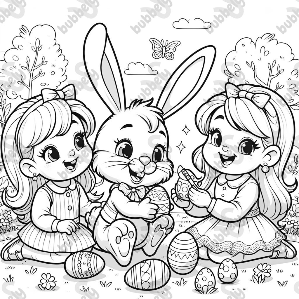 Easter bunny four-year-old blonde girl and nine-year-old blonde girl with long hair