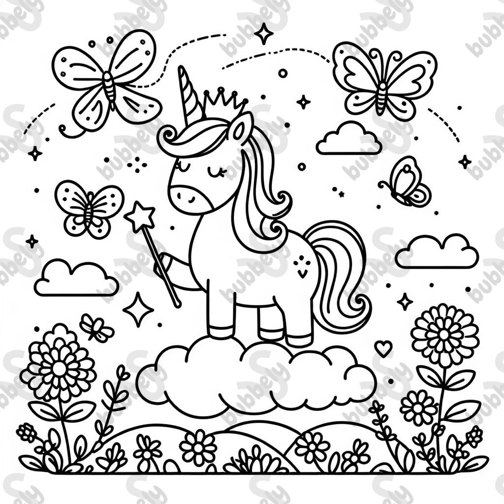 Einhorn mit Krone und Zauberstab auf Wolken, mit Blumen und Schmetterlingen und Vögeln