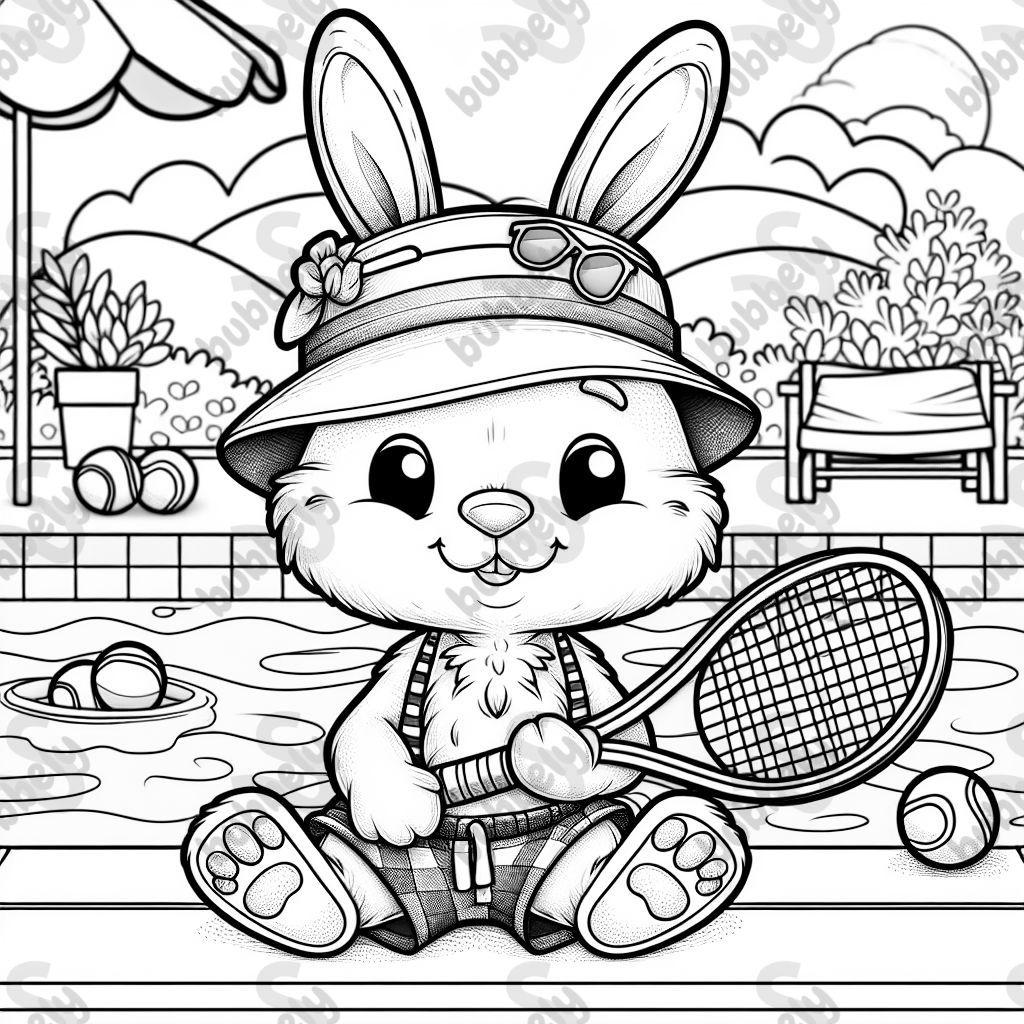A rabbit wearing a beach hat and holding a tennis racket in his paw. It is located near a swimming pool. A rabbit wearing a beach hat and holding a tennis racket in his paw. It is located near a swimming pool.