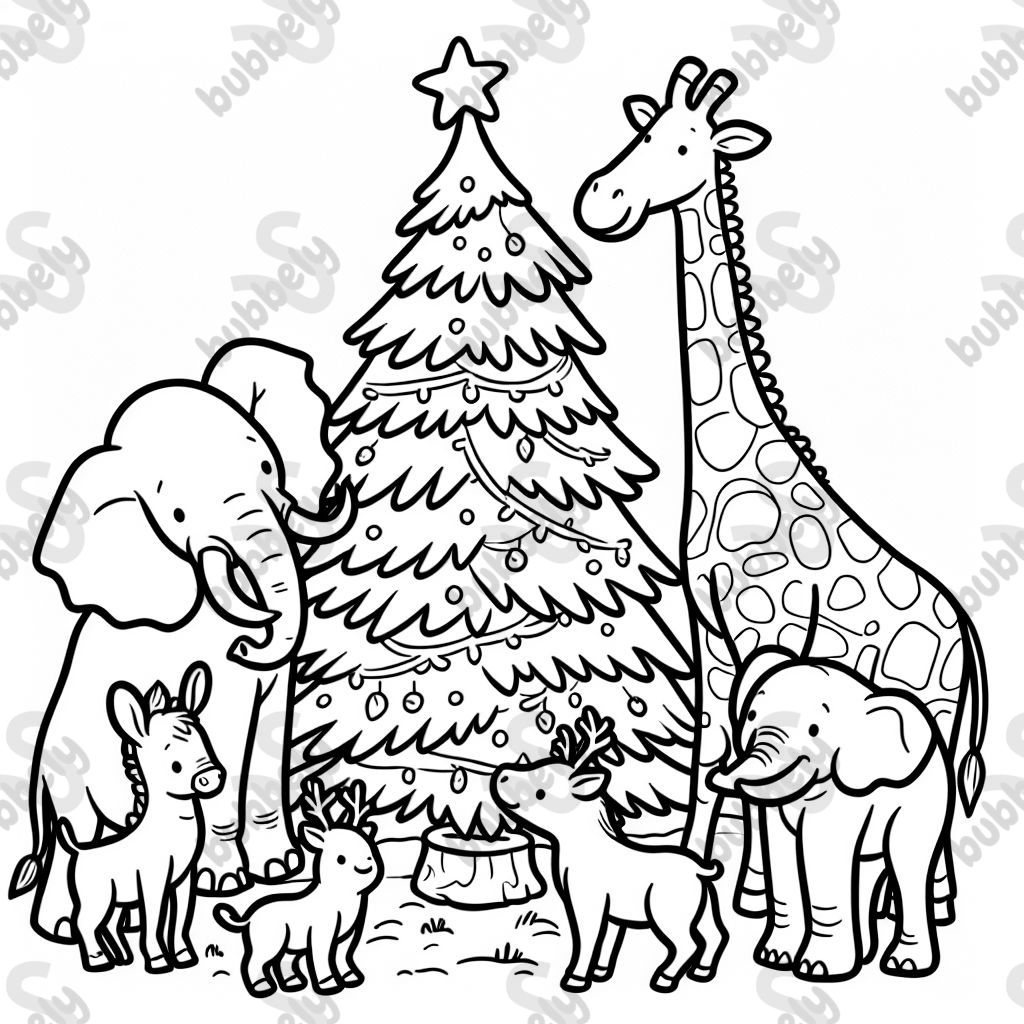Afrika-Tiere, die um einen Weihnachtsbaum herum stehen.