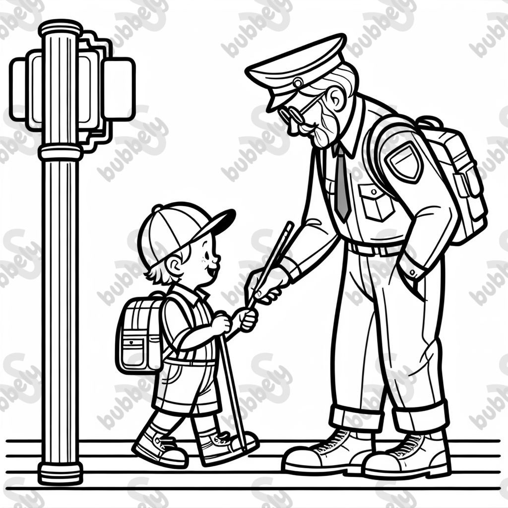 old crossing guard helping young student cross street