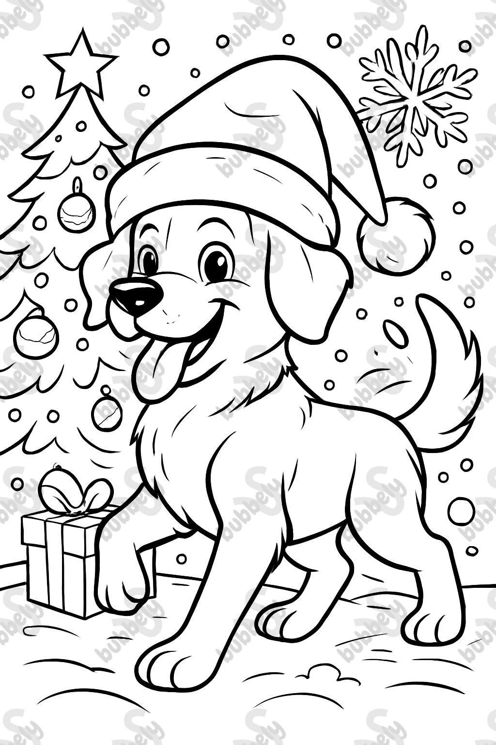 una página para colorear de Navidad con un perro que lleva un gorro navideño.
