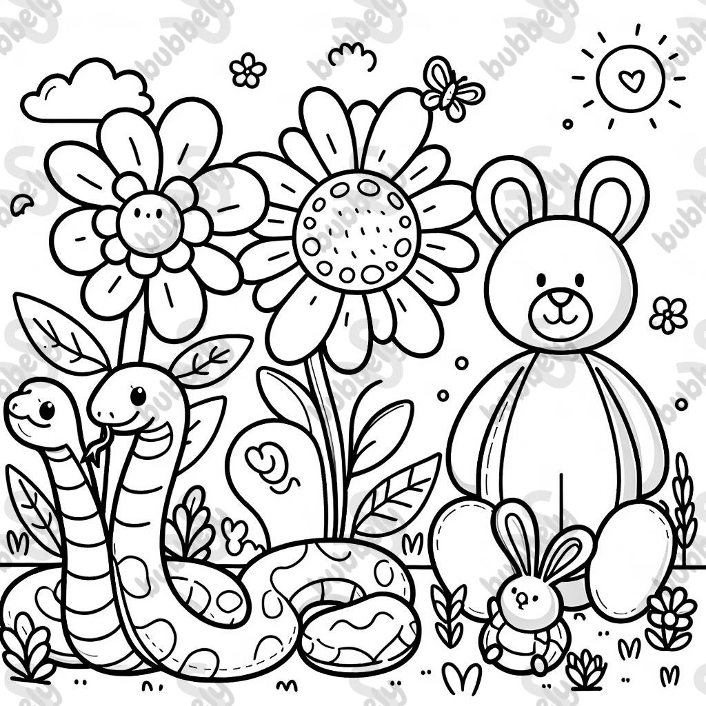 Une fleur, un serpent, un ours et un lapin