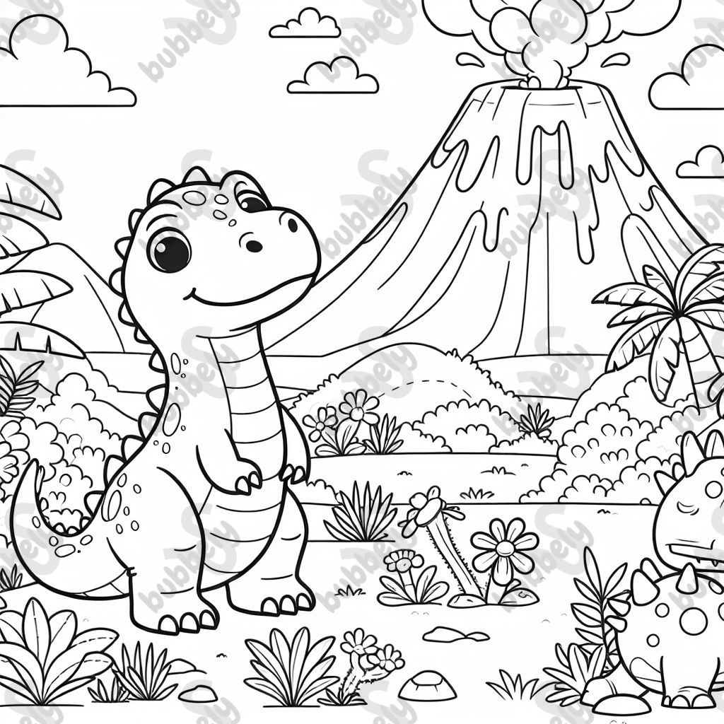 Einen dino neben einen vulkan