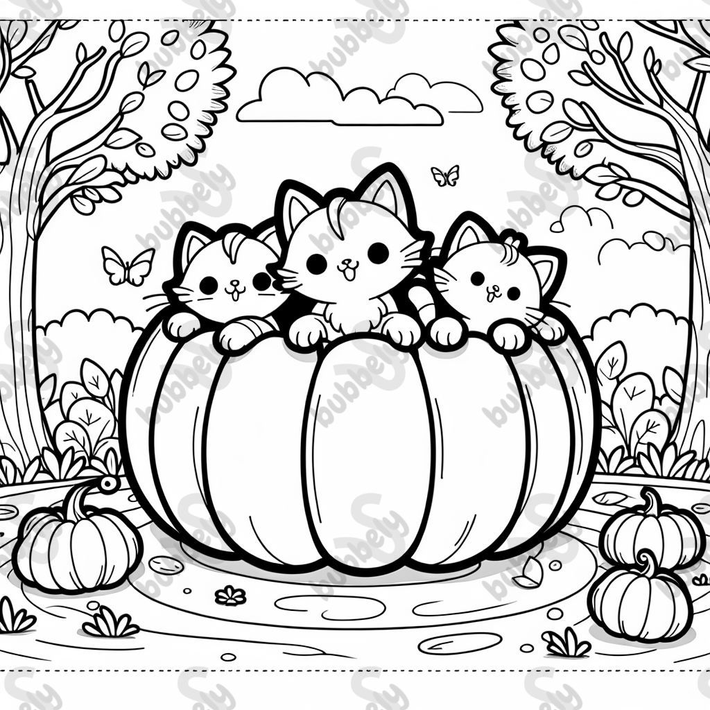 Drei Katzen sitzen im Kürbis