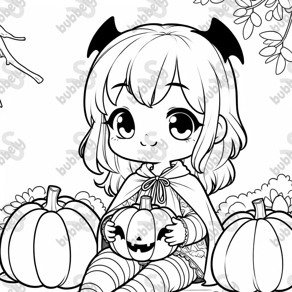 young blonde girl dressed as a bat with pumpkins