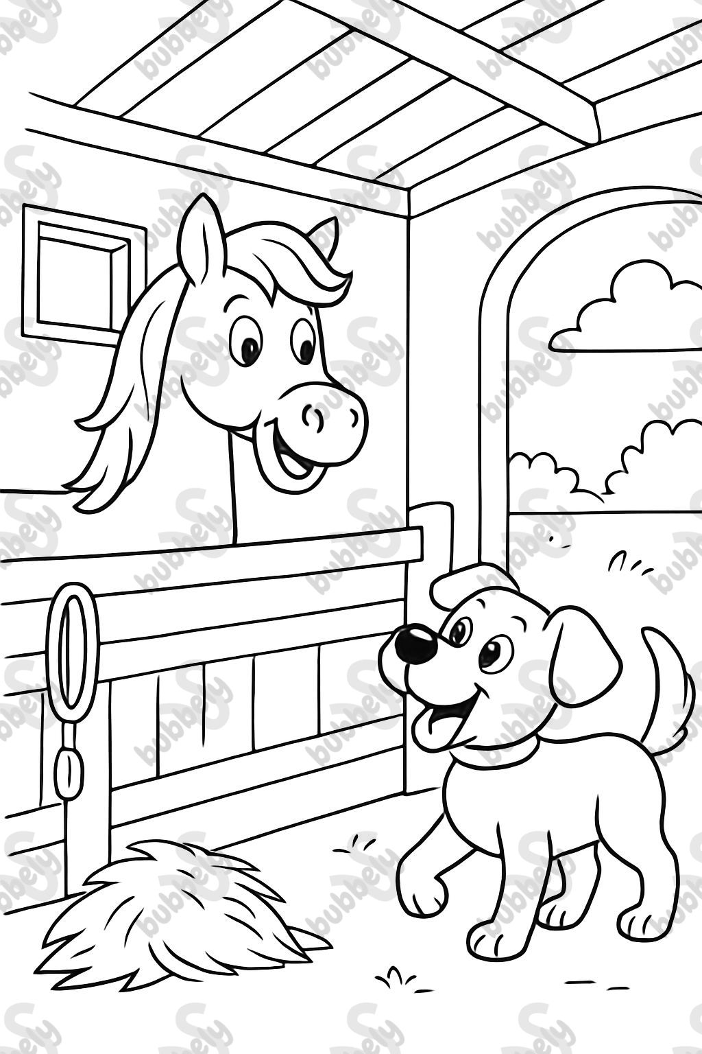 Un cheval avec un chien dans l'écurie