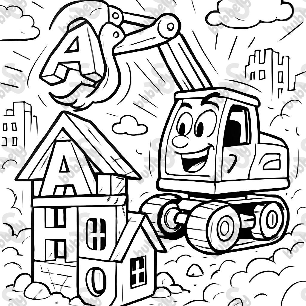 a digger building a house with letters