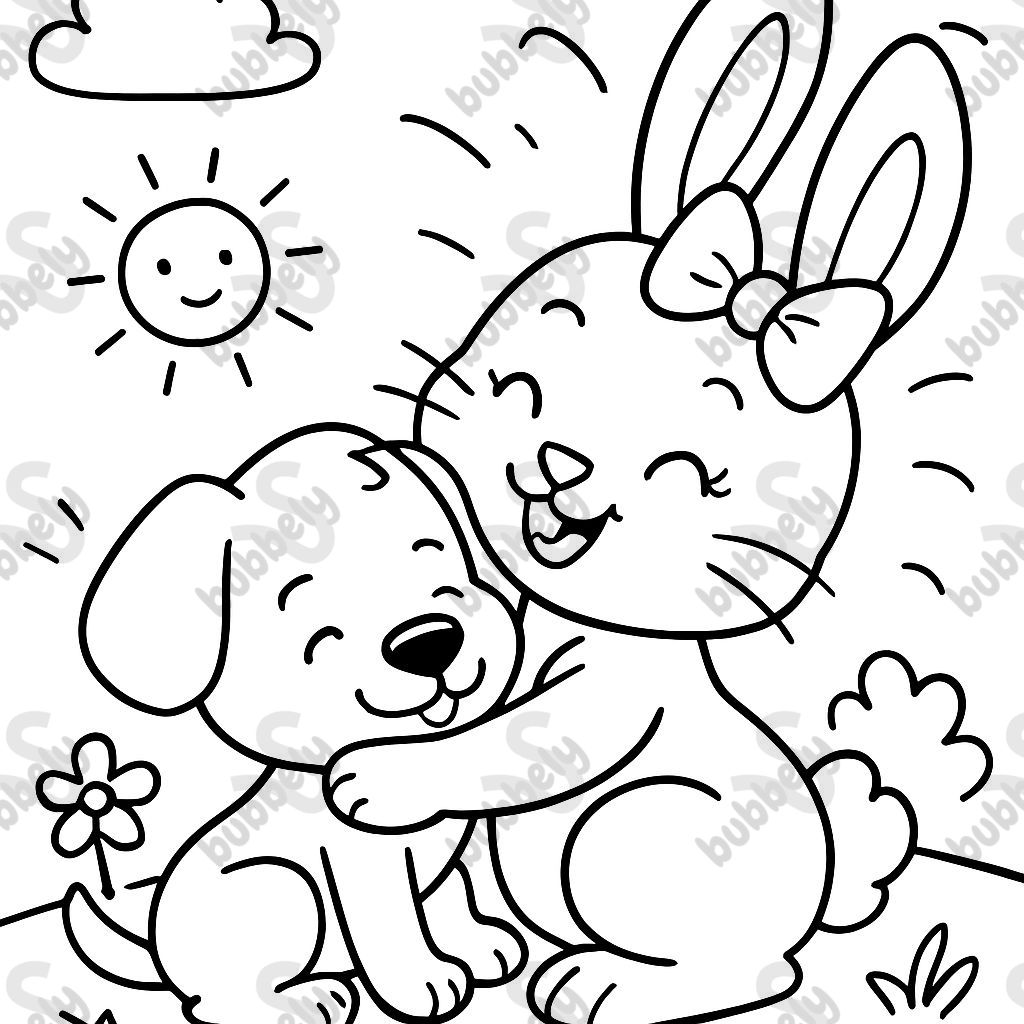 A bunny with a bow on its head that is hugging a puppy A bunny with a bow on its head that is hugging a puppy
