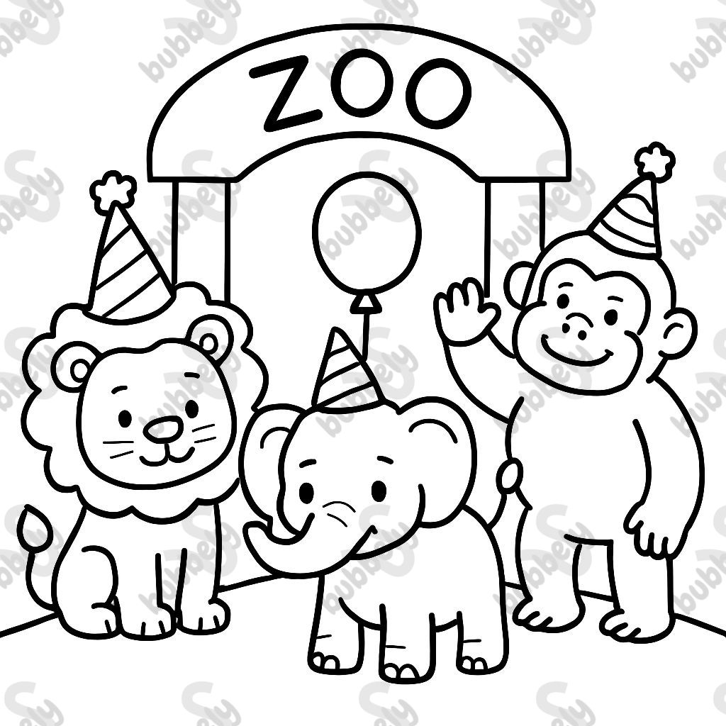 party with a lion, an elephant, a gorilla in front of a zoo entrance